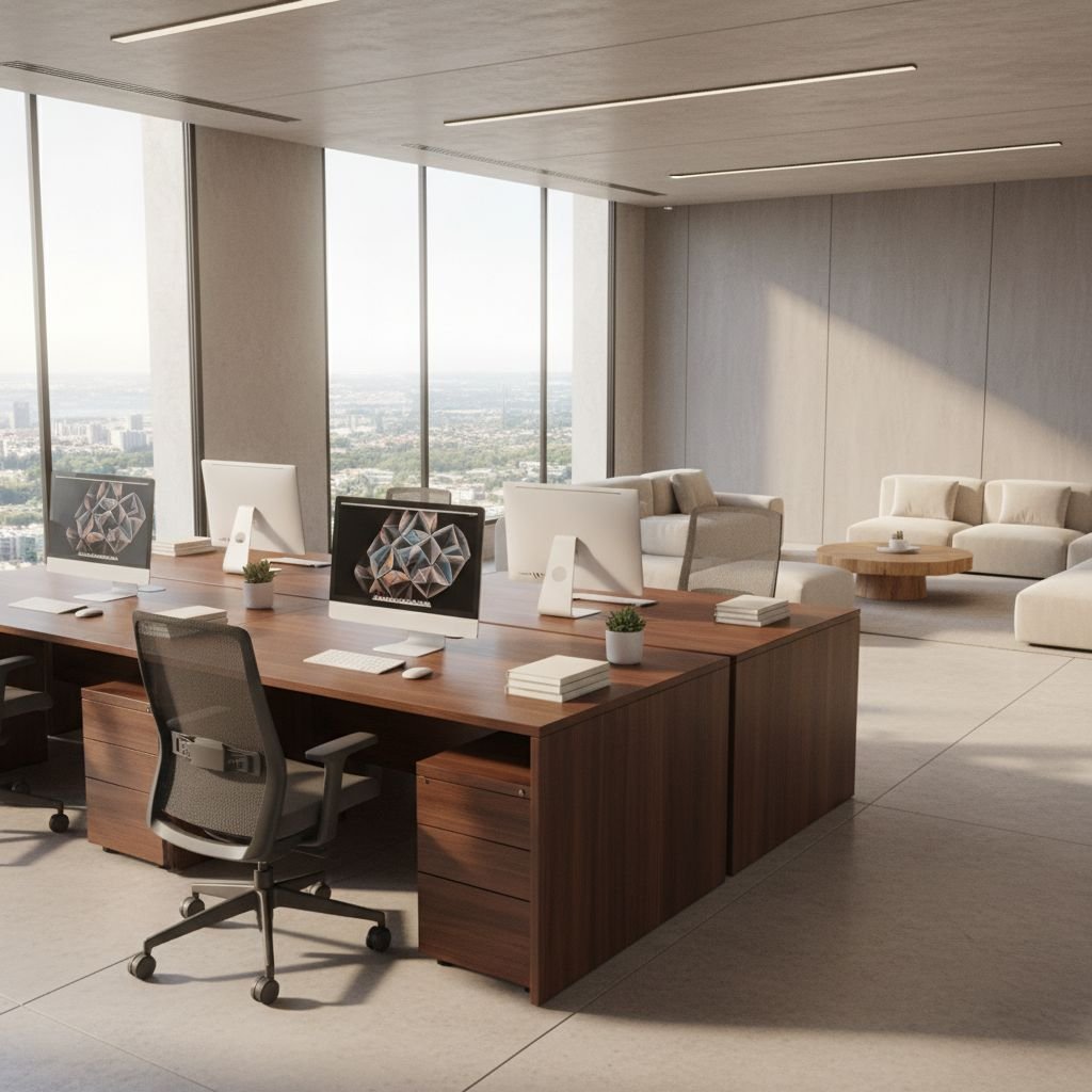 A modern, sunlit office space with polished wooden desks, an organized workspace, and clear windows.