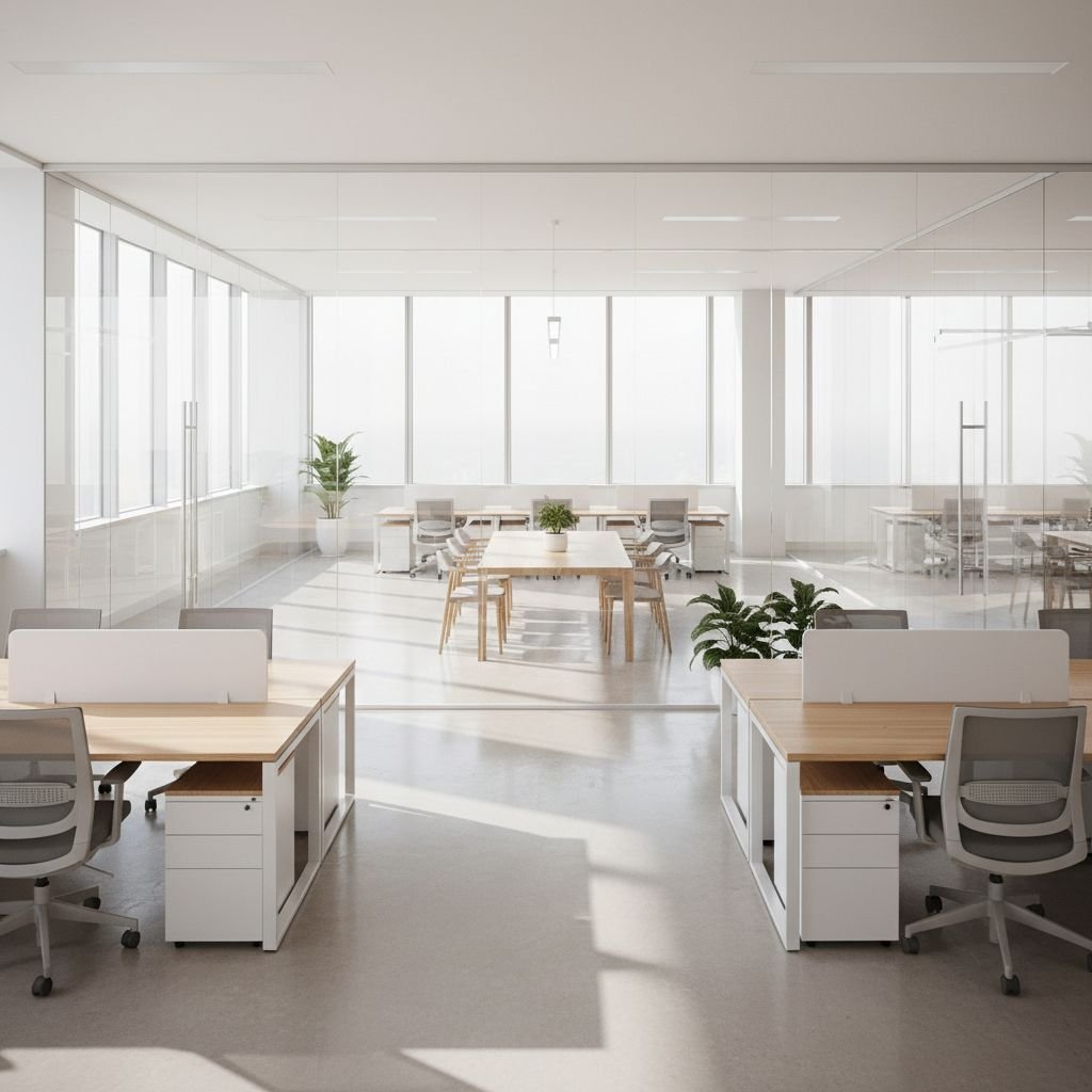 A bright, modern office space with clean glass partitions and polished desks reflecting sunlight.