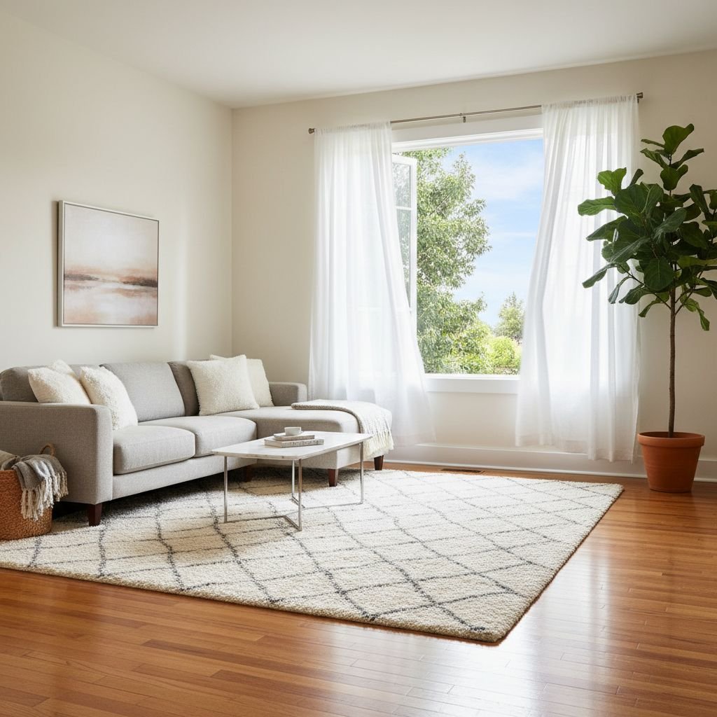 A sunlit living room with clean hardwood floors and a soft rug, where a light breeze moves through an open window.
