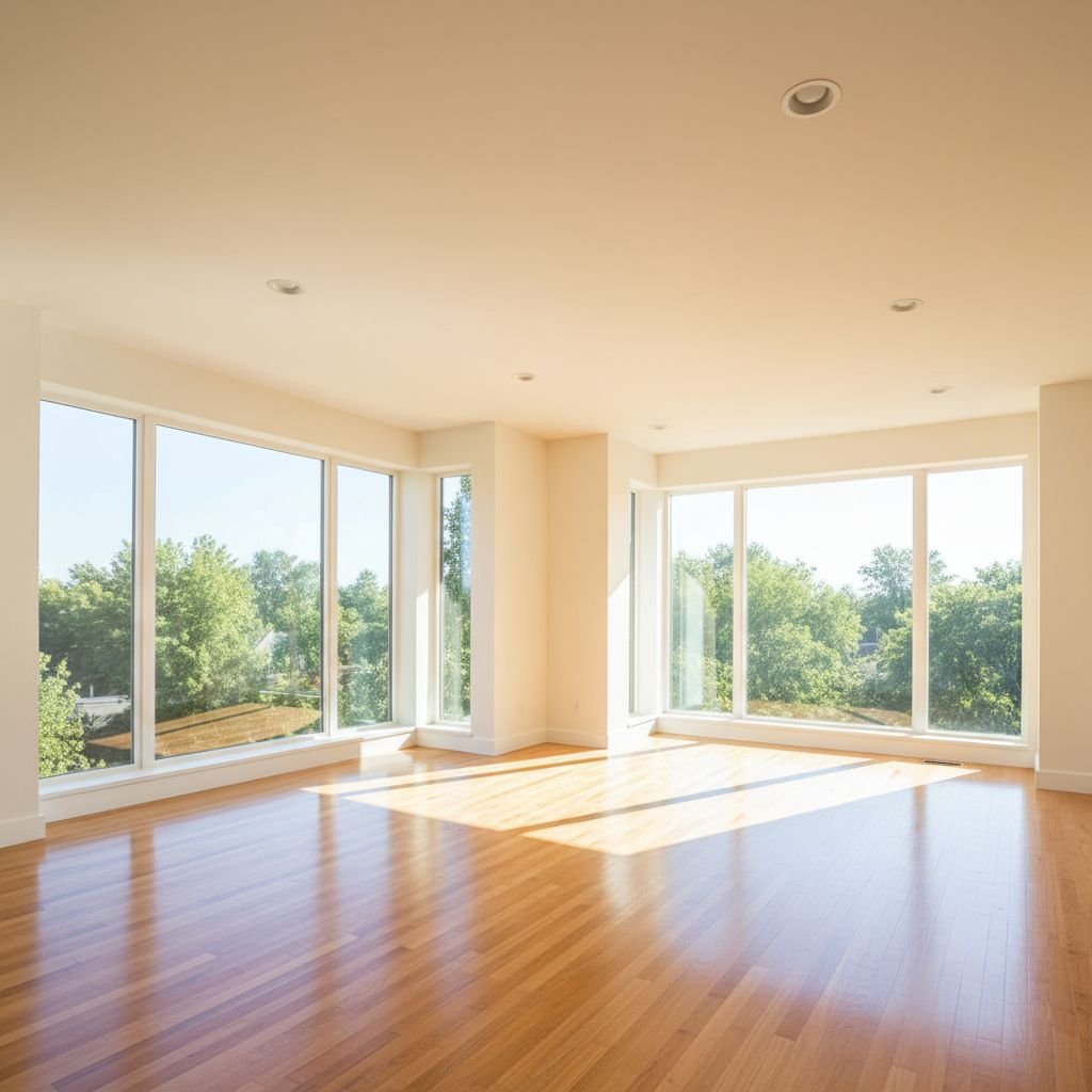 A bright, empty living room with polished hardwood floors and large windows reflecting natural light.