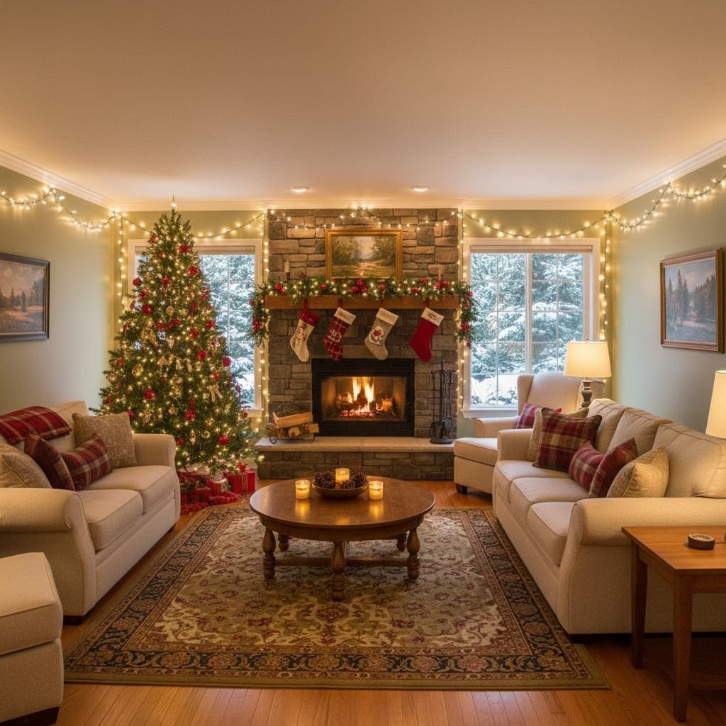 A beautifully decorated office lobby in a Chehalis facility with holiday lights