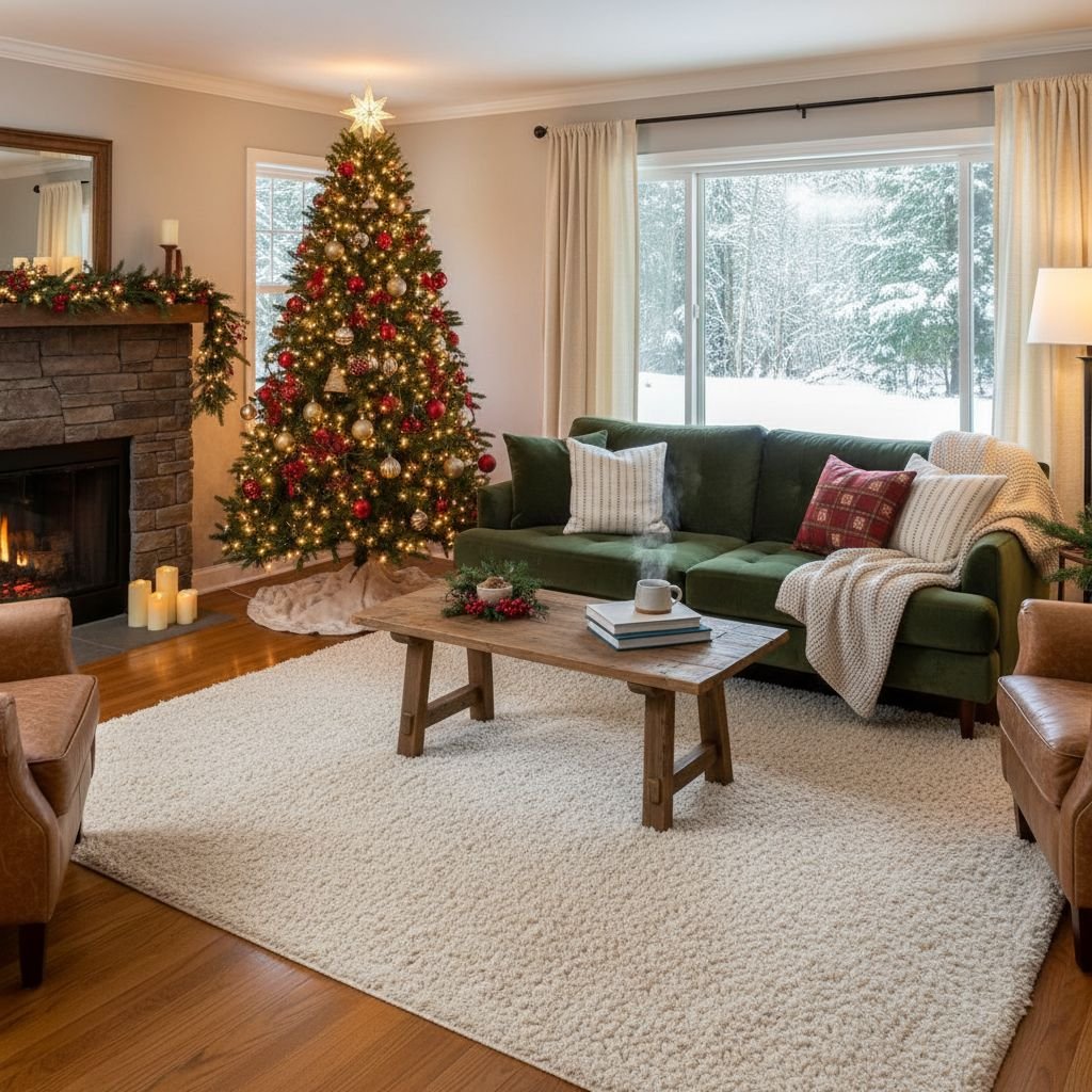 A modern office lobby in a Chehalis facility with a decorated tree and a clean, plush commercial area rug.