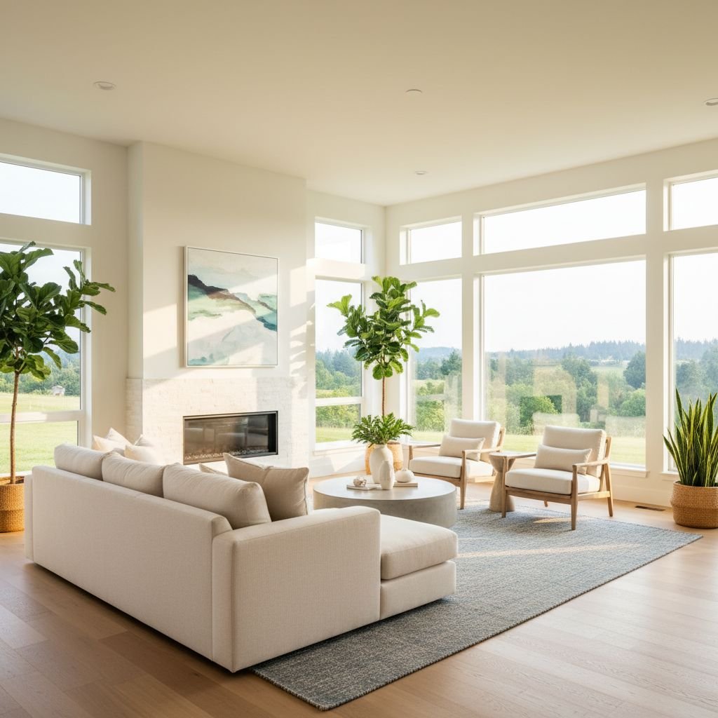 A bright and airy modern living room in Chehalis with sunlight streaming through clean windows, showing a dust-free environment.