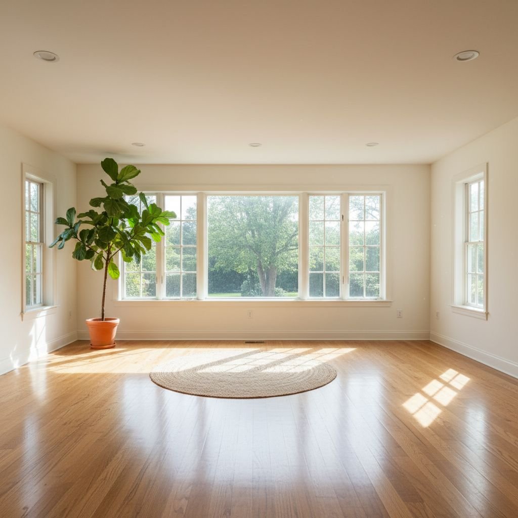 A bright, empty living room with polished hardwood floors and sunlight streaming through large, clear windows