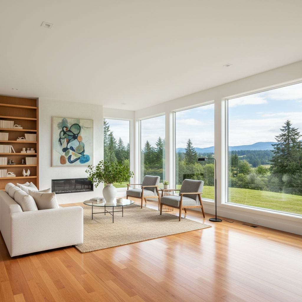 A brightly lit, modern office lobby in a Chehalis facility with polished hardwood floors and clean windows overlooking a green landscape.