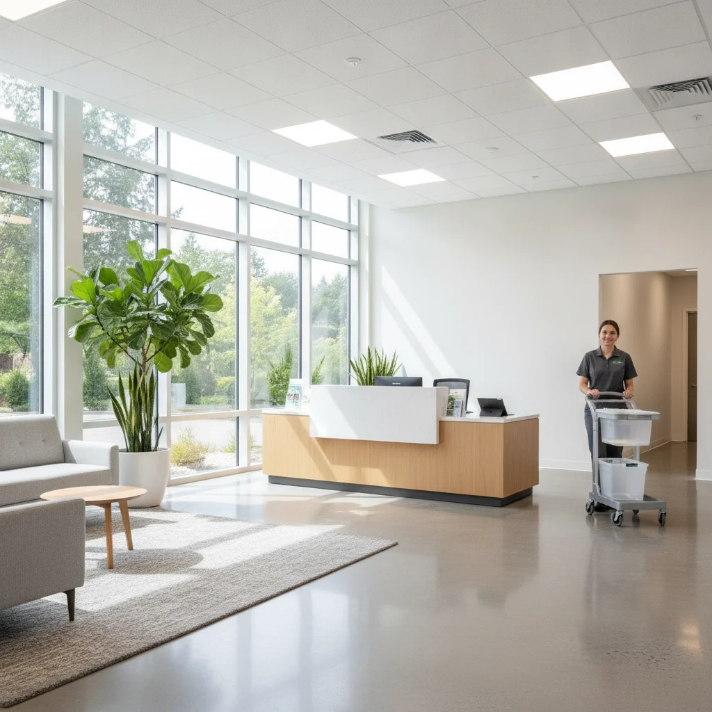 A brightly lit, modern office lobby in Grays Harbor County, impeccably clean and organized. A professional, friendly cleaning crew member (gender-neutral) in a clean uniform is subtly visible in the background, pushing a sleek cleaning cart. The foreground features polished floors reflecting natural light, a well-maintained reception desk, and healthy green plants. The overall atmosphere is fresh, inviting, and professional. NO text, NO free standing bathtubs, no competitors, no low-lighting, no blurry text.