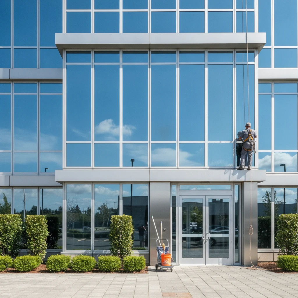 Bright, modern commercial building facade in King County, Washington, with a clean, well-maintained exterior. A subtle hint of professional cleaning activity, like a gleaming window or polished entrance, with clear blue sky. High-resolution, professional photography style, no text, no competitors, no low-lighting, no blurry elements.